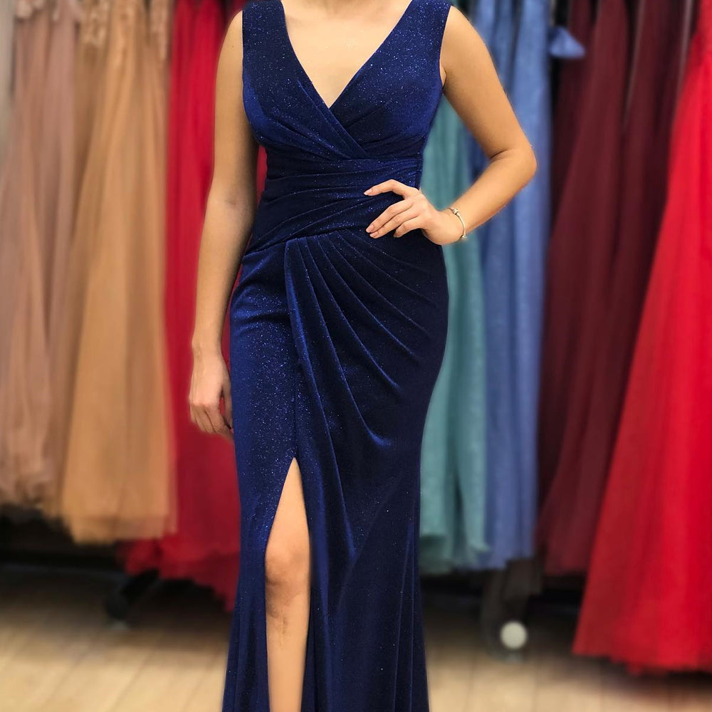 Vintage Blue V-Neck Long Mermaid Prom Dress with Split