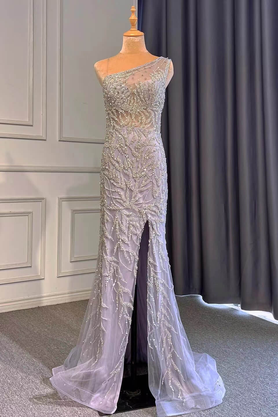 Light Purple Front Split One-Shoulder Beaded Mermaid Prom Dress with Long Ruffles