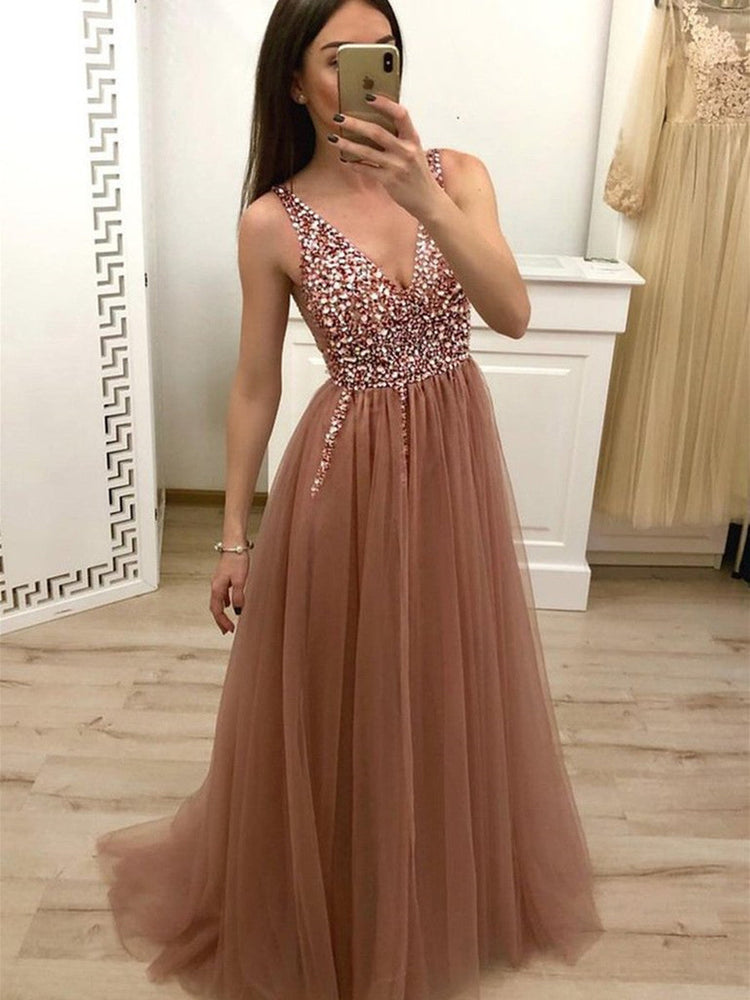 
                      
                        Champagne A Line V Neck Cross Back Sequins Beaded Tulle Long Prom Dresses, Champagne Formal Dresses, Evening Dresses
                      
                    