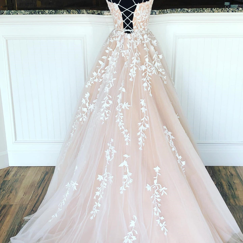 
                      
                        Champagne Long Lace Wedding Dresses, Champagne Lace Formal Graduation Evening Dresses
                      
                    