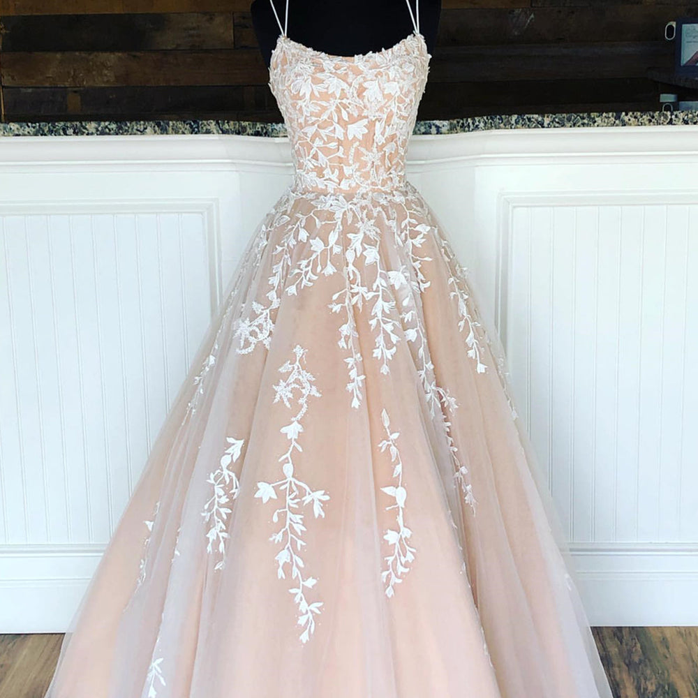 Champagne Long Lace Wedding Dresses, Champagne Lace Formal Graduation Evening Dresses