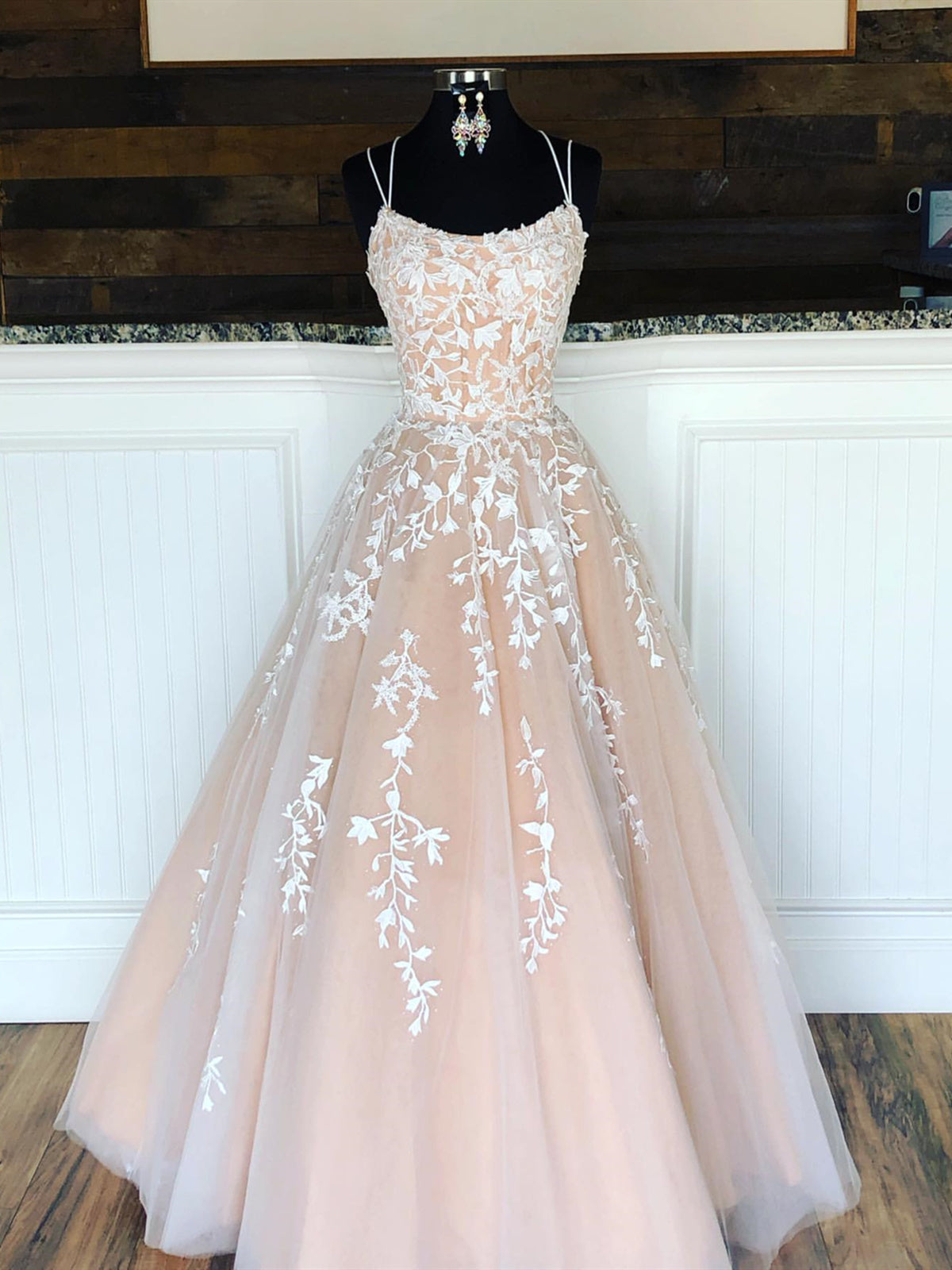 Champagne Long Lace Wedding Dresses, Champagne Lace Formal Graduation Evening Dresses