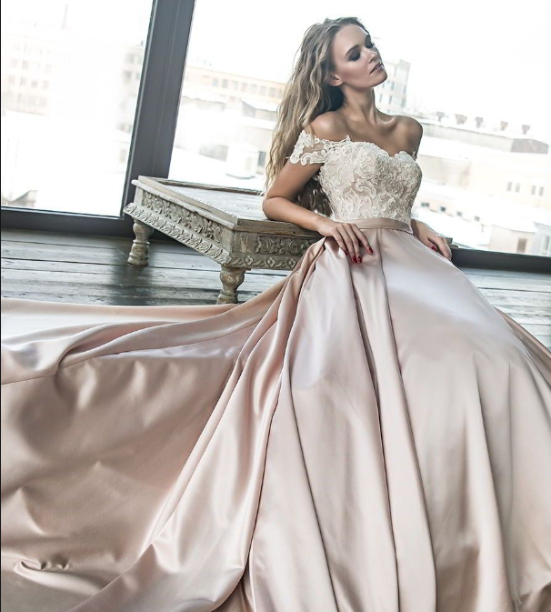 Champagne Satin Off The Shoulder Wedding Dress With Lace Top 