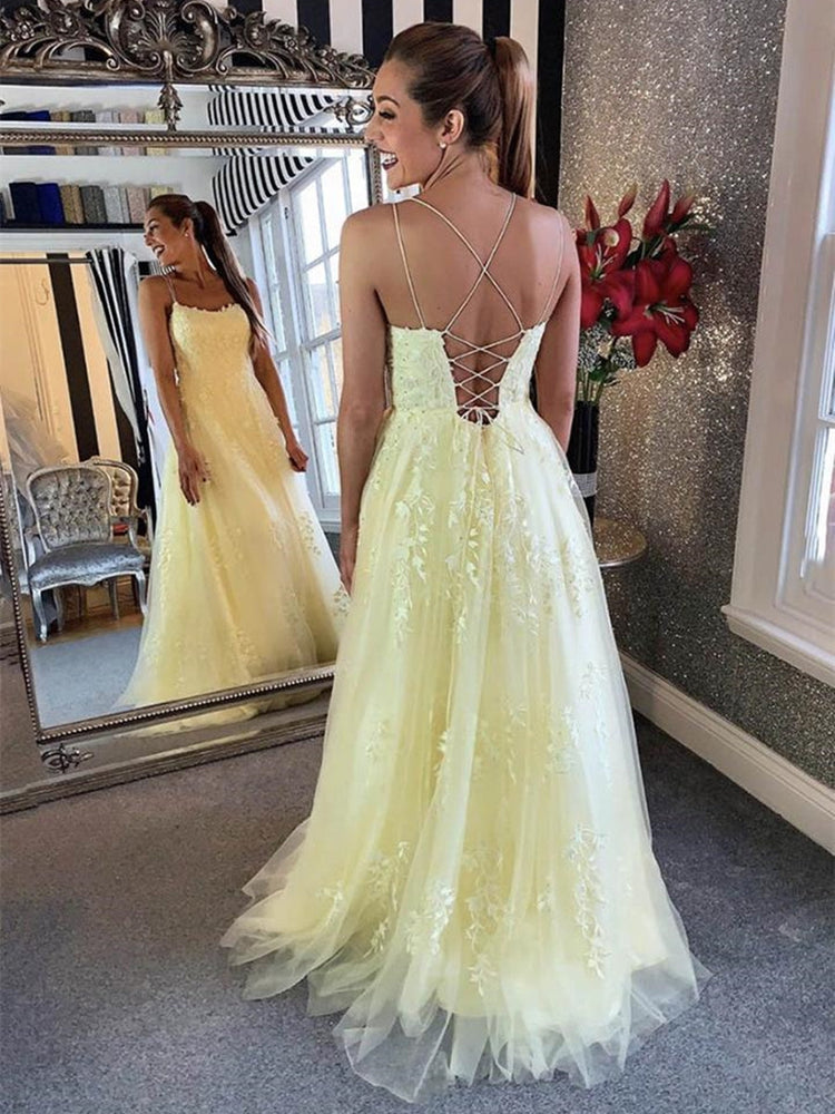 
                      
                        Charming Backless Yellow Lace Long Prom Dresses, Yellow Lace Formal Dresses, Yellow Evening Dresses
                      
                    