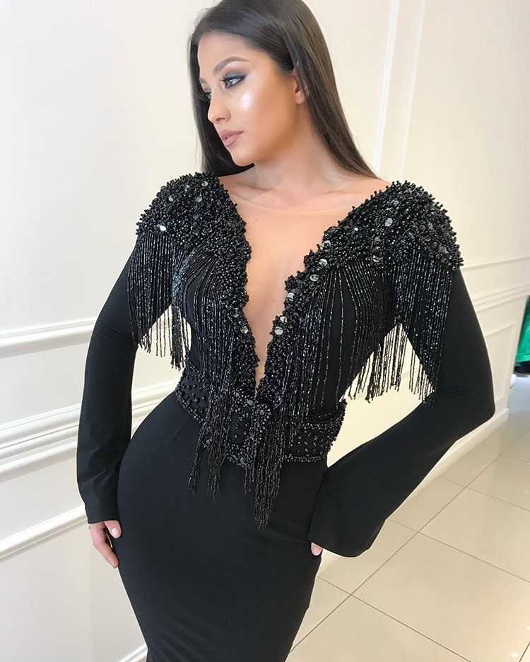 
                      
                        Charming Black Long Sleeves Mermaid Deep V-Neck Prom Gown | Sweep Train Tassels Backless Evening Dress BC0760
                      
                    