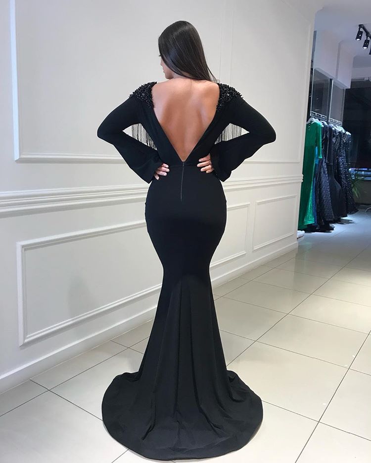 
                      
                        Charming Black Long Sleeves Mermaid Deep V-Neck Prom Gown | Sweep Train Tassels Backless Evening Dress BC0760
                      
                    