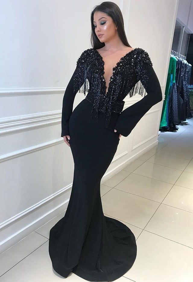 
                      
                        Charming Black Long Sleeves Mermaid Deep V-Neck Prom Gown | Sweep Train Tassels Backless Evening Dress BC0760
                      
                    