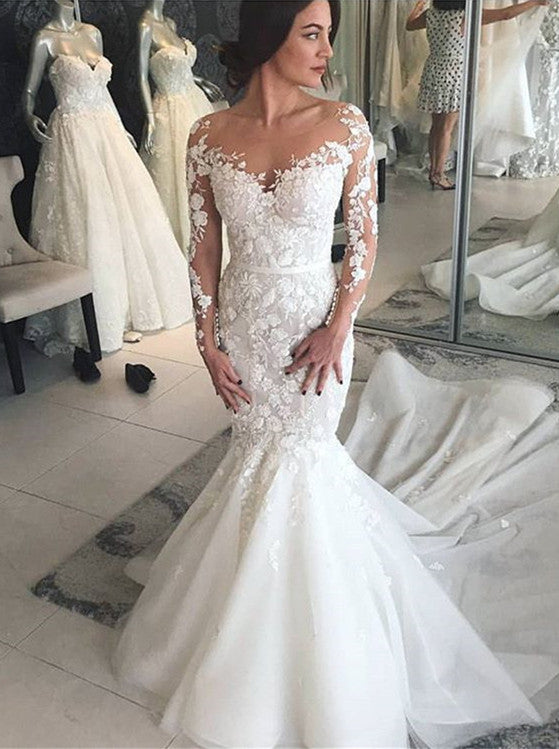 
                      
                        Charming Crew Long Sleeves Wedding Dress | Mermaid Lace Appliques Bridal Gowns On Sale
                      
                    