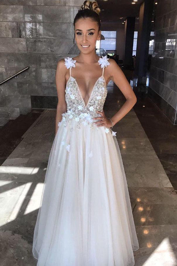 Charming Deep V Neck Beading Wedding Dress Puffy Beach Bridal Dress 