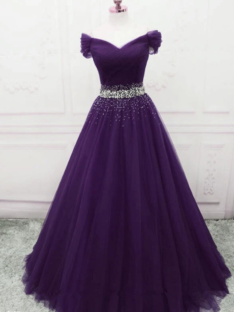 
                      
                        Charming Off Shoulder Dark Purple Tulle Long Prom Dresses with Sequins, Dark Purple Formal Graduation Evening Dresses
                      
                    