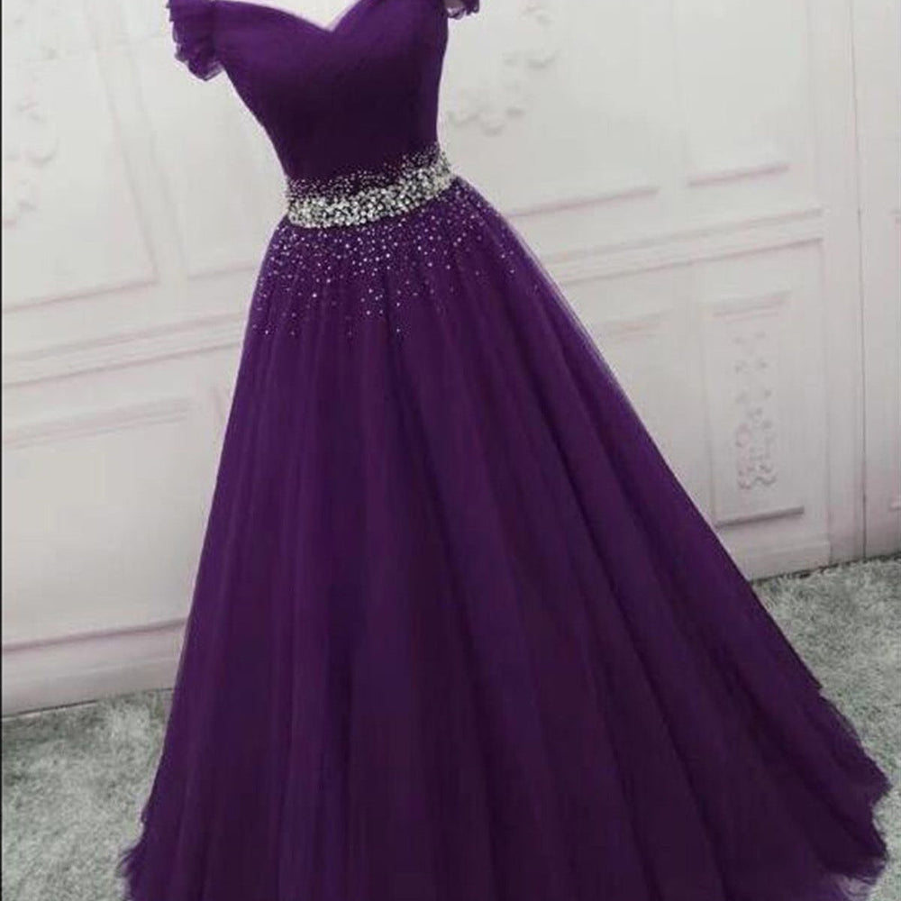 
                      
                        Charming Off Shoulder Dark Purple Tulle Long Prom Dresses with Sequins, Dark Purple Formal Graduation Evening Dresses
                      
                    