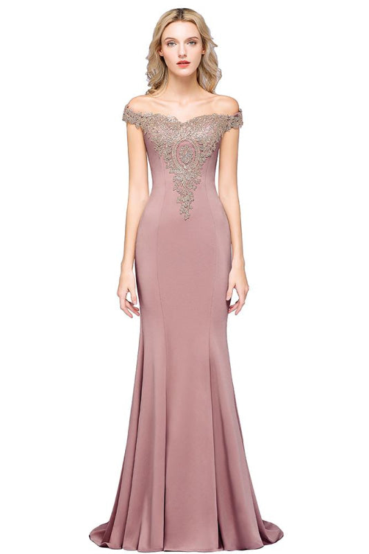 Charming Off-the-Shoulder Mermaid Evening Gown with Gold Appliques Floor Length Party Dress - Dusty Pink / US 2 - Prom Dresses