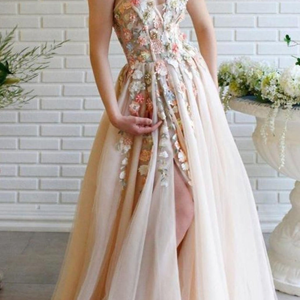 
                      
                        Charming One Shoulder Floral Champagne Long Prom Dresses, 3D Flowers Champagne Formal Evening Dresses
                      
                    