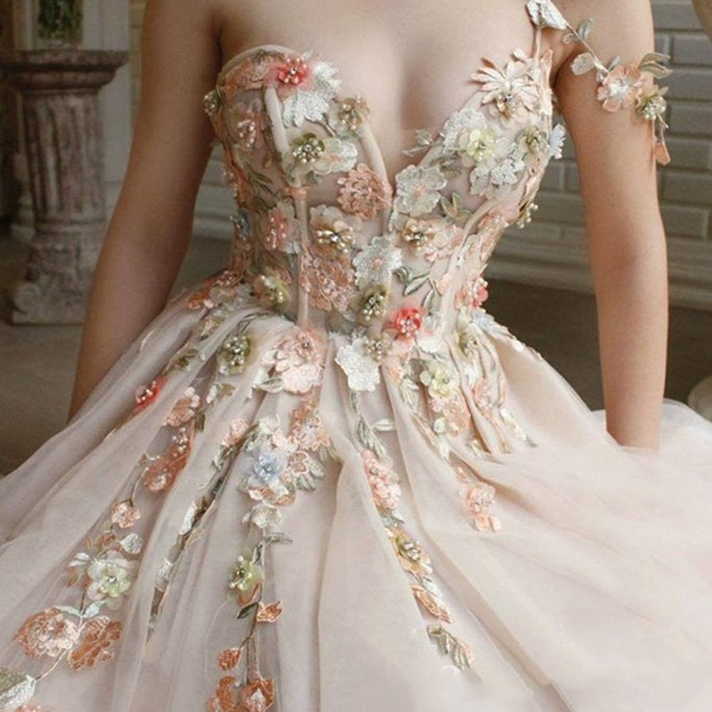 
                      
                        Charming One Shoulder Floral Champagne Long Prom Dresses, 3D Flowers Champagne Formal Evening Dresses
                      
                    