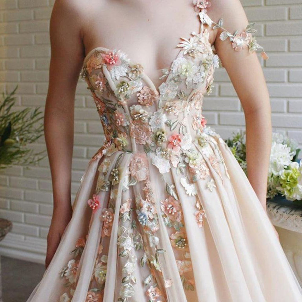 Charming One Shoulder Floral Champagne Long Prom Dresses, 3D Flowers Champagne Formal Evening Dresses