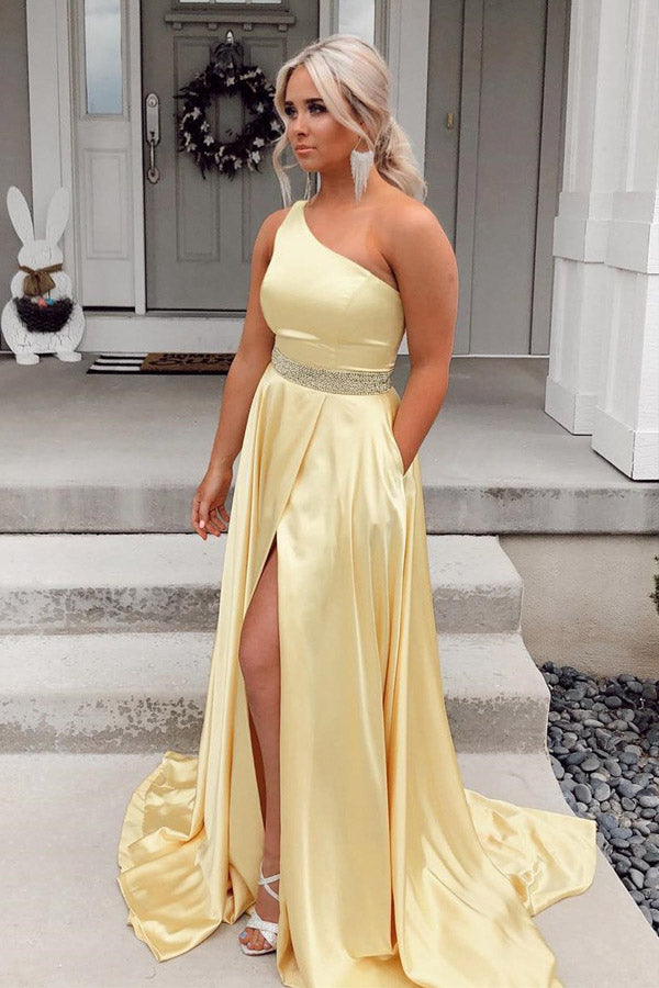 
                      
                        Charming One Shoulder Satin Prom Dress With Beading Belt
                      
                    