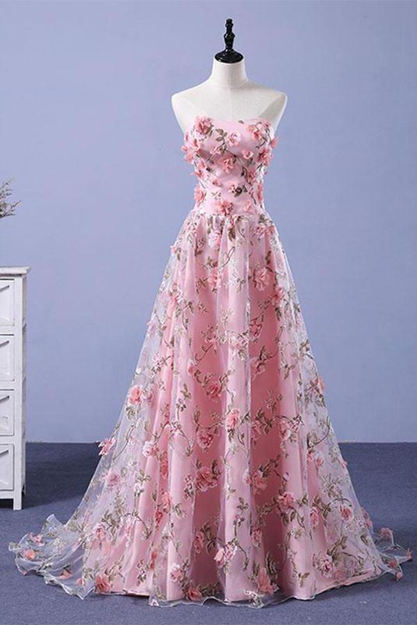 Charming Sweetheart Floral Long Prom Dress Pink Evening Dress