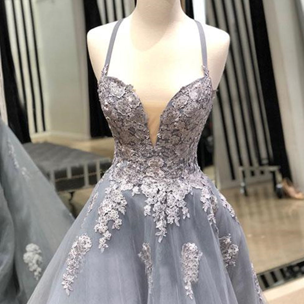 
                      
                        Charming V Neck Gray Lace Long Prom Dresses, Grey Lace Formal Evening Dresses
                      
                    