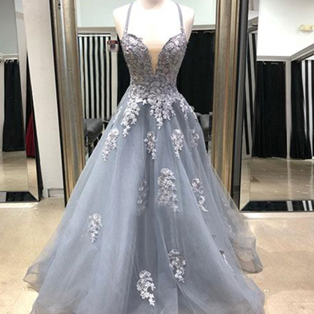 Charming V Neck Gray Lace Long Prom Dresses, Grey Lace Formal Evening Dresses