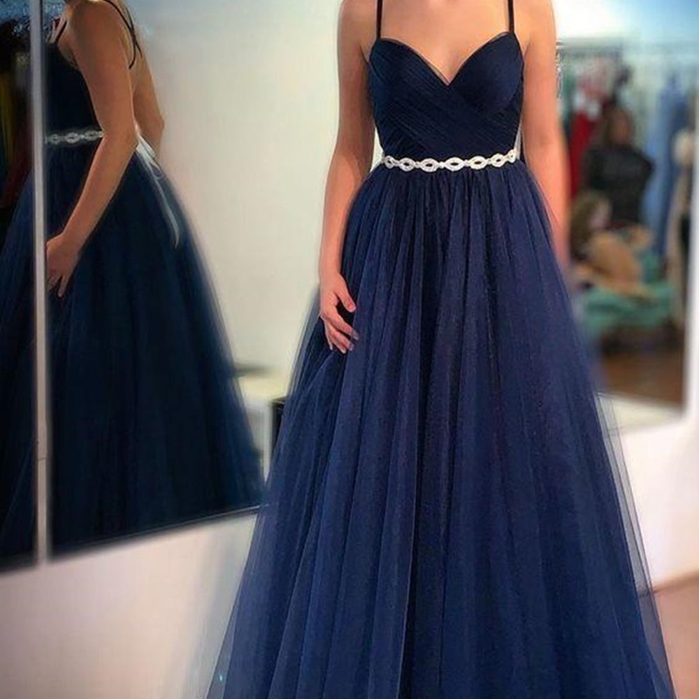 
                      
                        Charming V Neck Navy Blue Tulle Long Prom Dresses with Belt, Navy Blue Formal Graduation Evening Dresses 
                      
                    