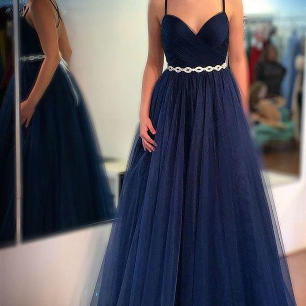 Charming V Neck Navy Blue Tulle Long Prom Dresses with Belt, Navy Blue Formal Graduation Evening Dresses 