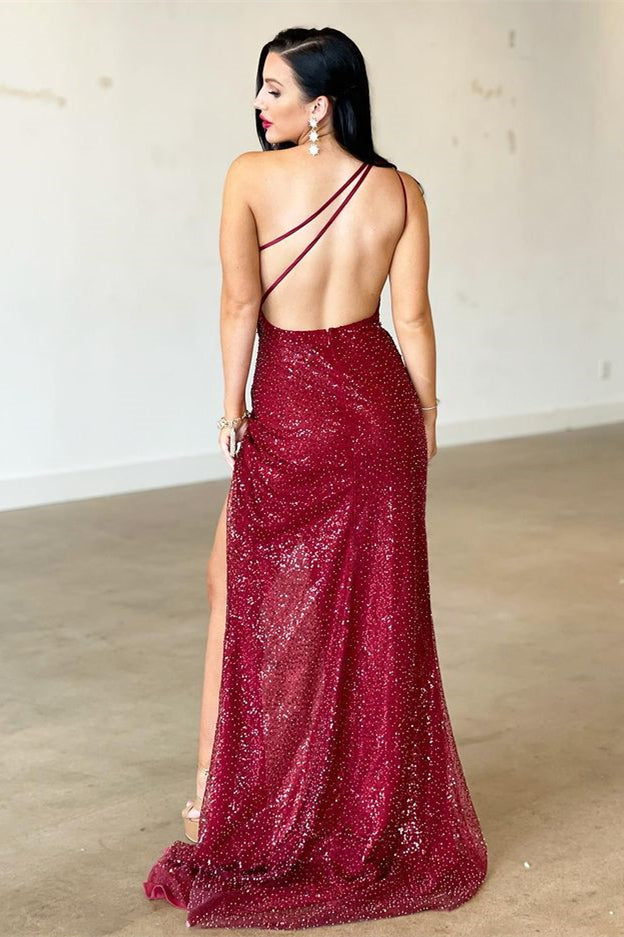 
                      
                        Chic and Elegant Burgundy Mermaid Evening Gown with One Shoulder and Daring Split - Style PD00917
                      
                    