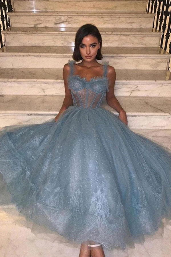 
                      
                        Chic Blue Tule Prom Dress Tea Length Homecoming Dress WD226
                      
                    