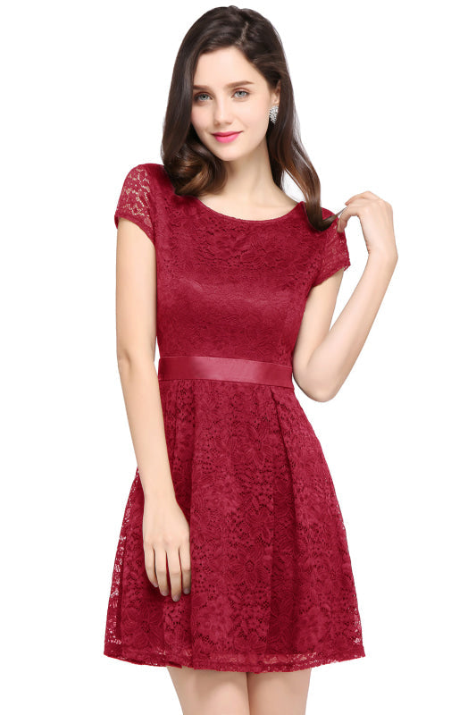 
                      
                        Chic Crew Neck Lace Mini Party Dress with Sash Short Formal Dress - Burgundy / US 2 - Prom Dresses
                      
                    