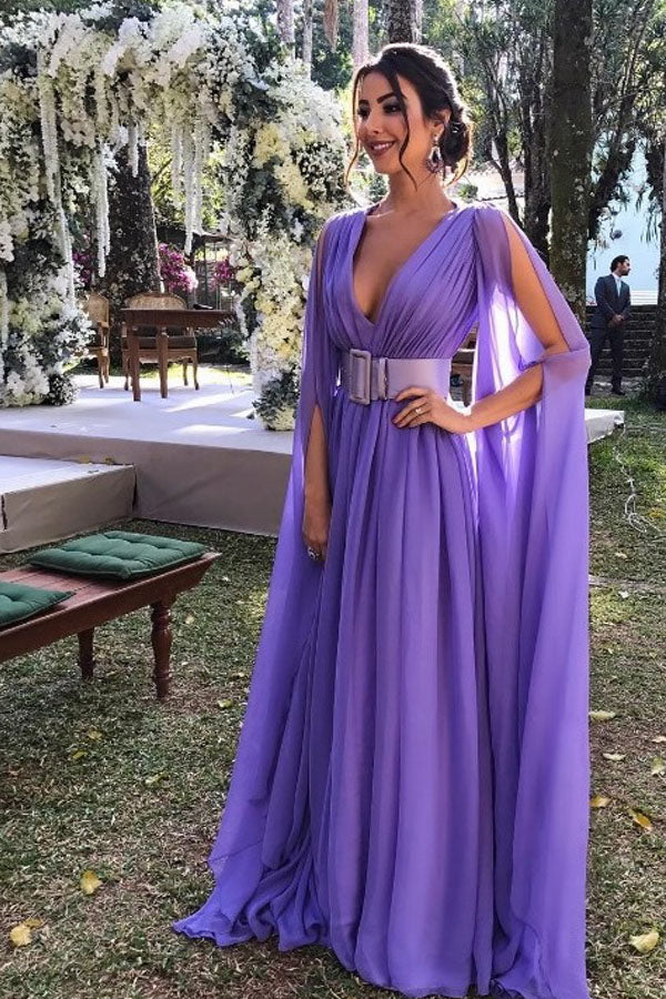 Chic Deep V Neck Chiffon Prom Dress With Belt