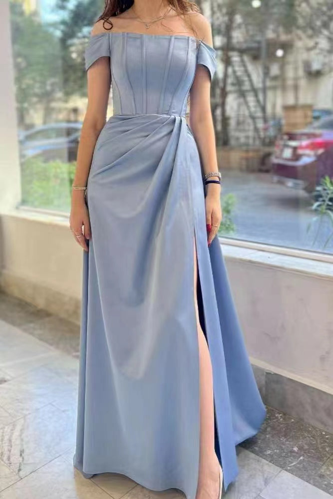 
                      
                        Chic Dusty Blue Off-The-Shoulder Prom Dress with Elegant Pleats and Thigh-High Split
                      
                    