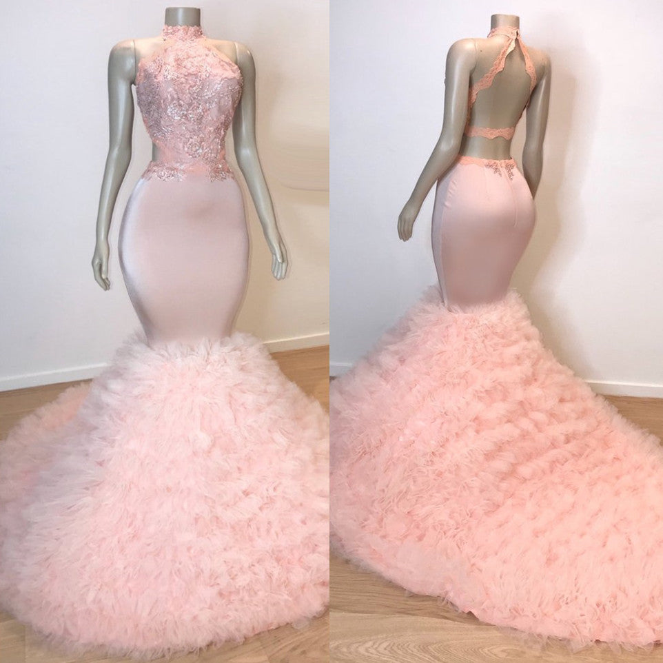 
                      
                        Chic Halter Pink Mermaid Prom Dresses | Lace Tulle Evening Gowns BC0983
                      
                    