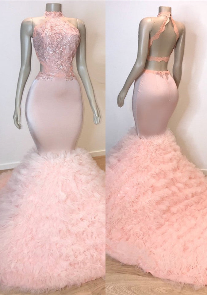 
                      
                        Chic Halter Pink Mermaid Prom Dresses | Lace Tulle Evening Gowns BC0983
                      
                    