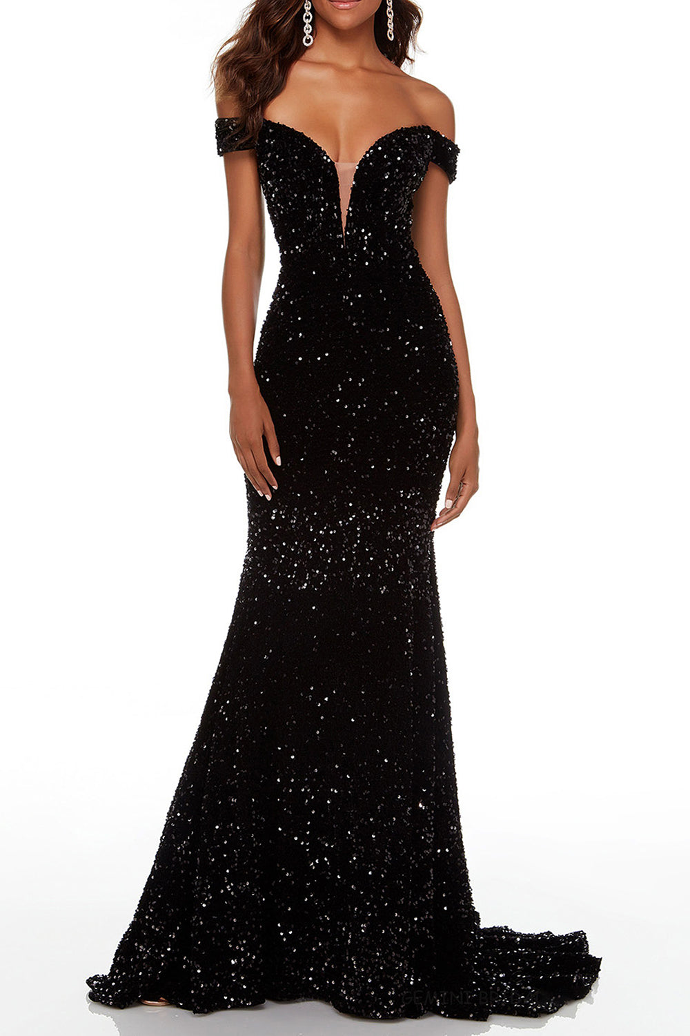 Chic Off-the-shoulder Deep V-neck Sleeveless Floor-Length Mermaid Prom Dress With Sequins