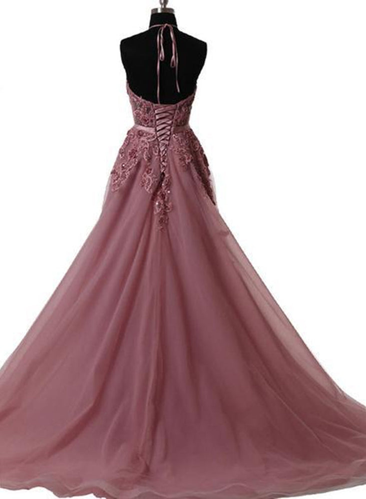 
                      
                        Custom Made A Line Halter Neck Backless Lace Prom Dresses with Sweep Train, Backless Lace Formal Dresses, Evening Dresses
                      
                    