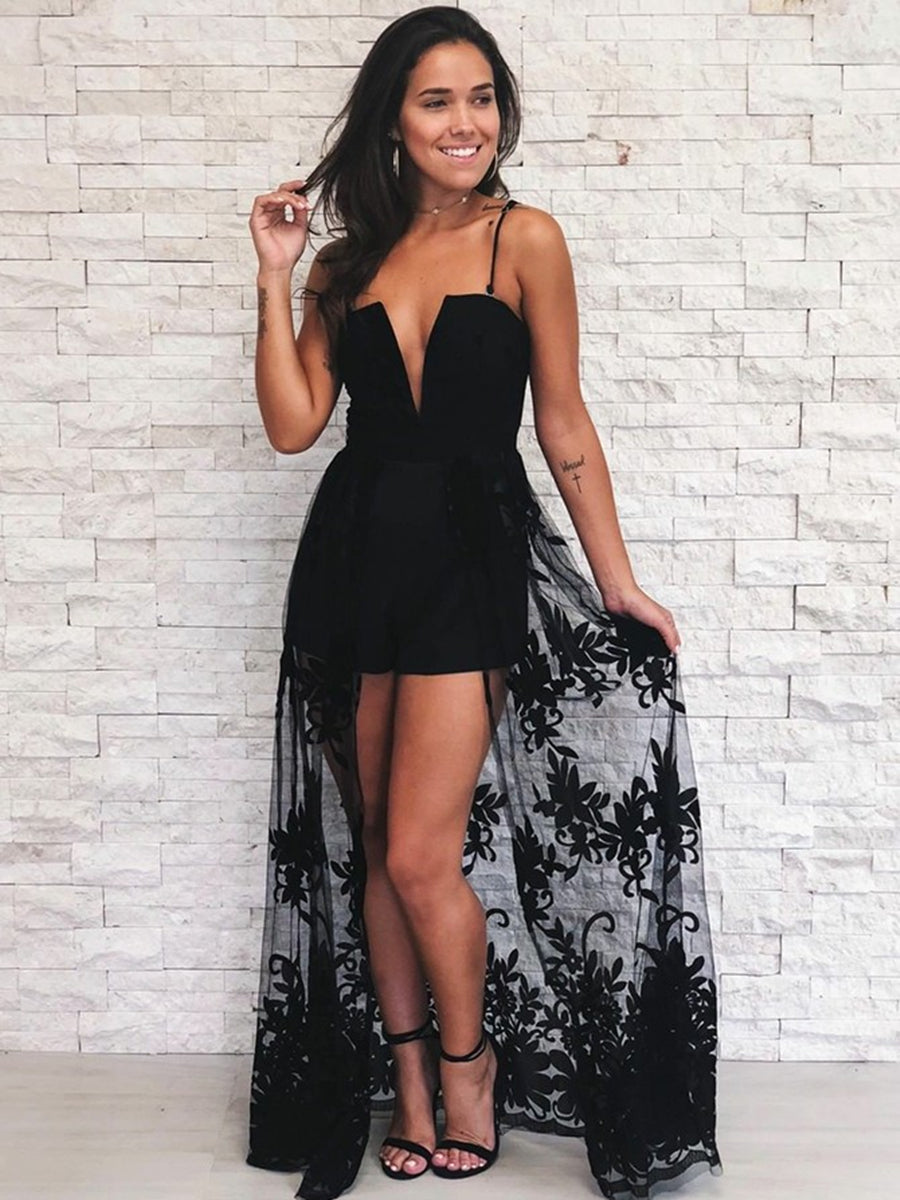 Custom Made A Line V Neck tti Straps Lace Black Prom Dresses, Black Formal Graduation Evening Dresses