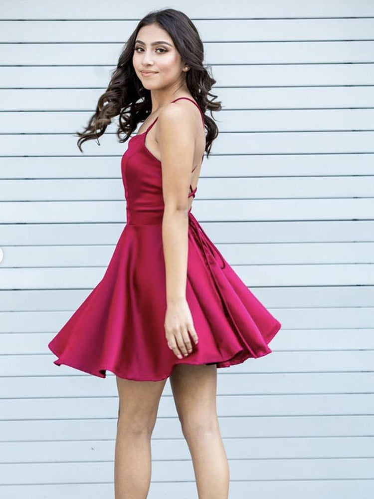 
                      
                        Cute A Line Backless Fuchsia Satin Short Prom Dresses, Backless Fuchsia Formal Graduation Homecoming Dresses
                      
                    