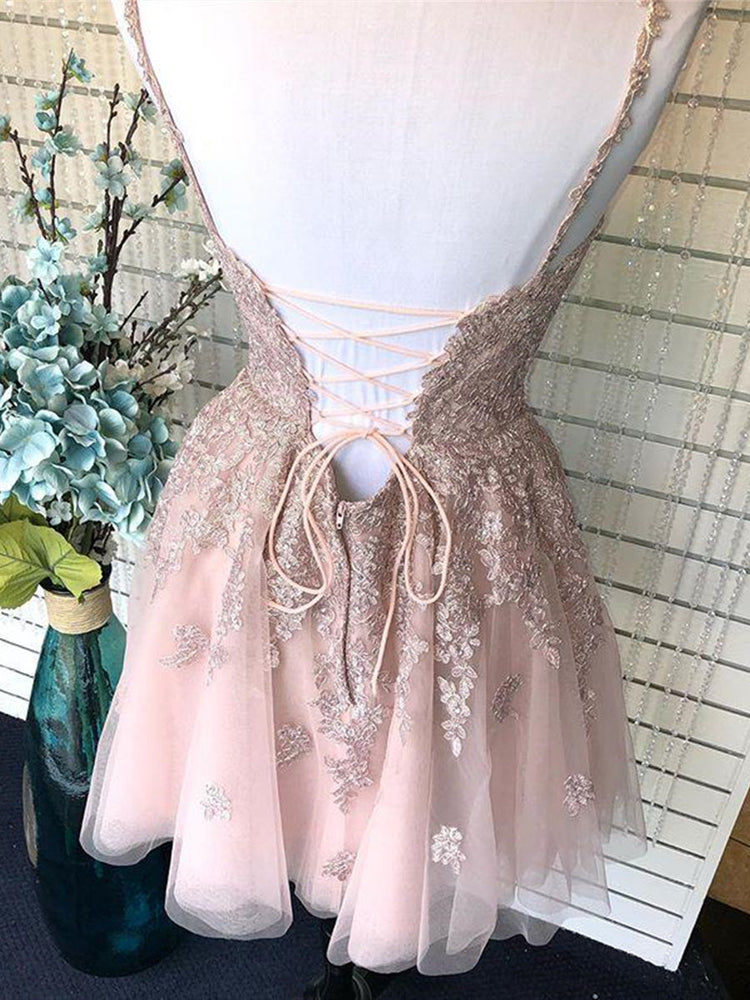 
                      
                        Cute A Line V Neck Backless Short Pink Lace Prom Dresses, Backless Pink Lace Formal Graduation Homecoming Dresses
                      
                    