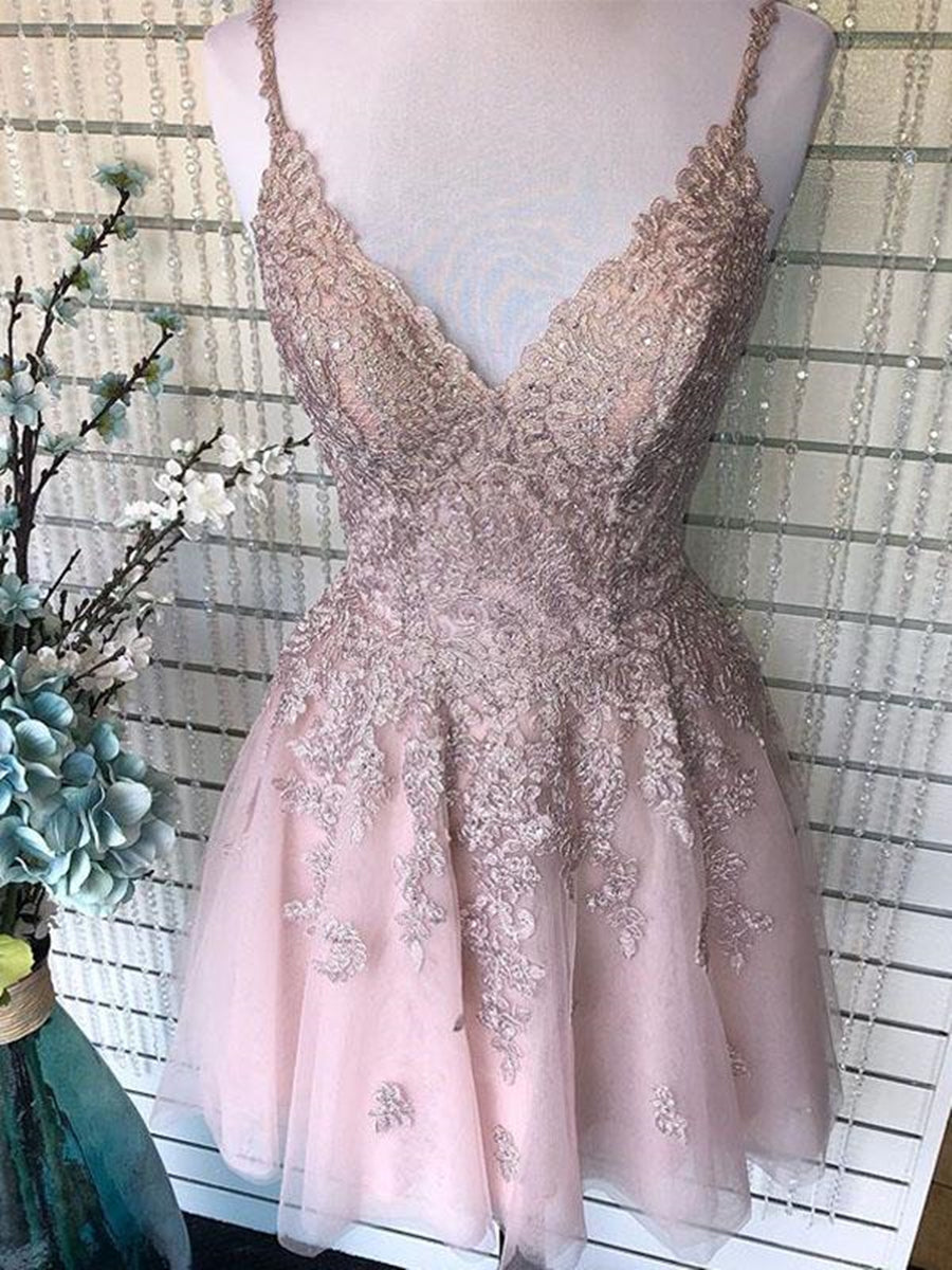 Cute A Line V Neck Backless Short Pink Lace Prom Dresses, Backless Pink Lace Formal Graduation Homecoming Dresses