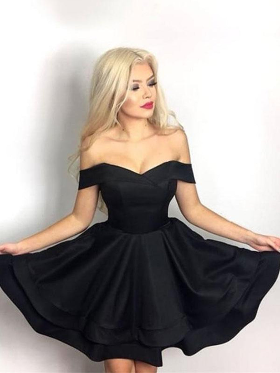 Cute Black Off Shoulder Layered Satin Short Prom Dresses Homecoming Dresses, Off Shoulder Black Formal Dresses, Black Evening Dresses