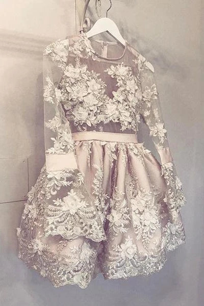 
                      
                        Cute Long Sleeve Homecoming Dress Lace Floral Short Prom Dress
                      
                    