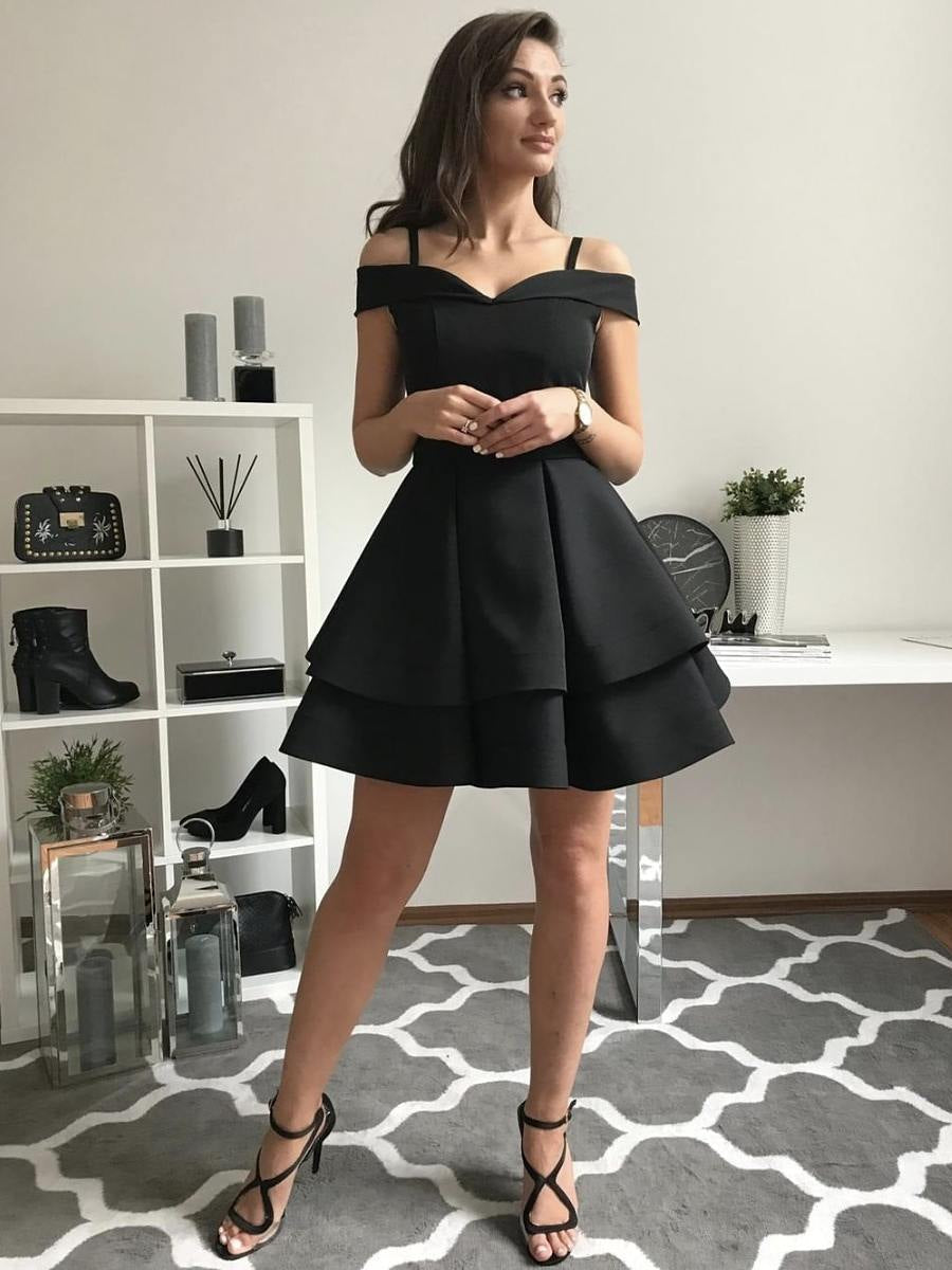 Cute Off Shoulder Layered Black Short Prom Dresses, Off Shoulder Layered Black Homecoming Dresses, Black Graduation Dresses, Evening Dresses