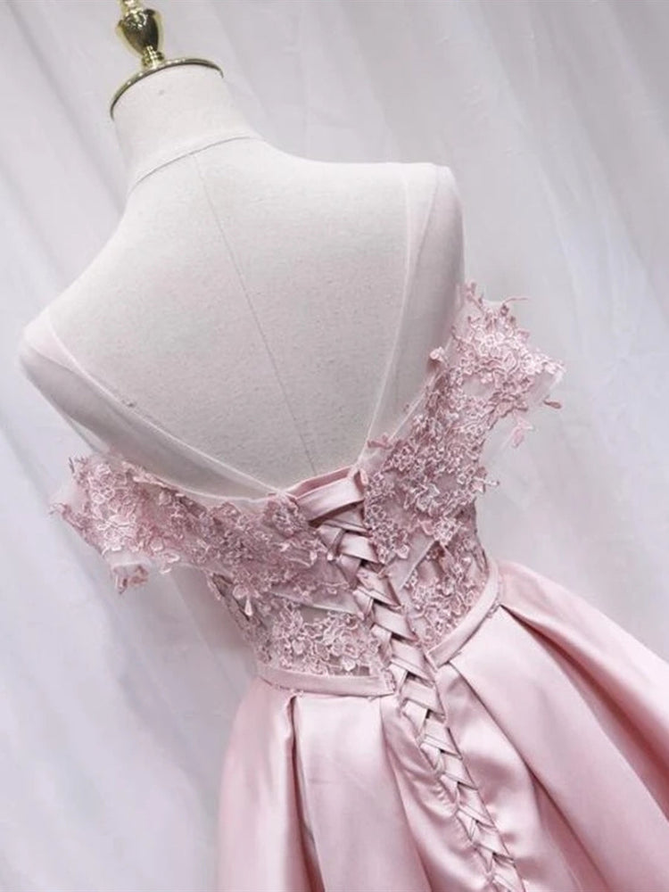 
                      
                        Cute Off Shoulder Pink Lace Short Prom Dresses, Pink Lace Formal Graduation Homecoming Dresses
                      
                    