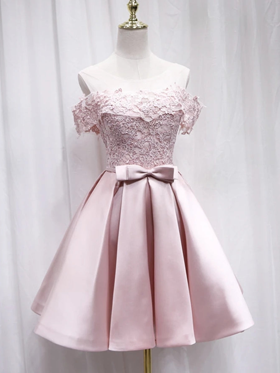 Cute Off Shoulder Pink Lace Short Prom Dresses, Pink Lace Formal Graduation Homecoming Dresses