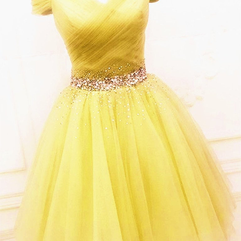 Cute Off Shoulder Sequins Yellow Short Prom Dresses, Off the Shoulder Yellow Homecoming Dresses, Yellow Formal Evening Dresses