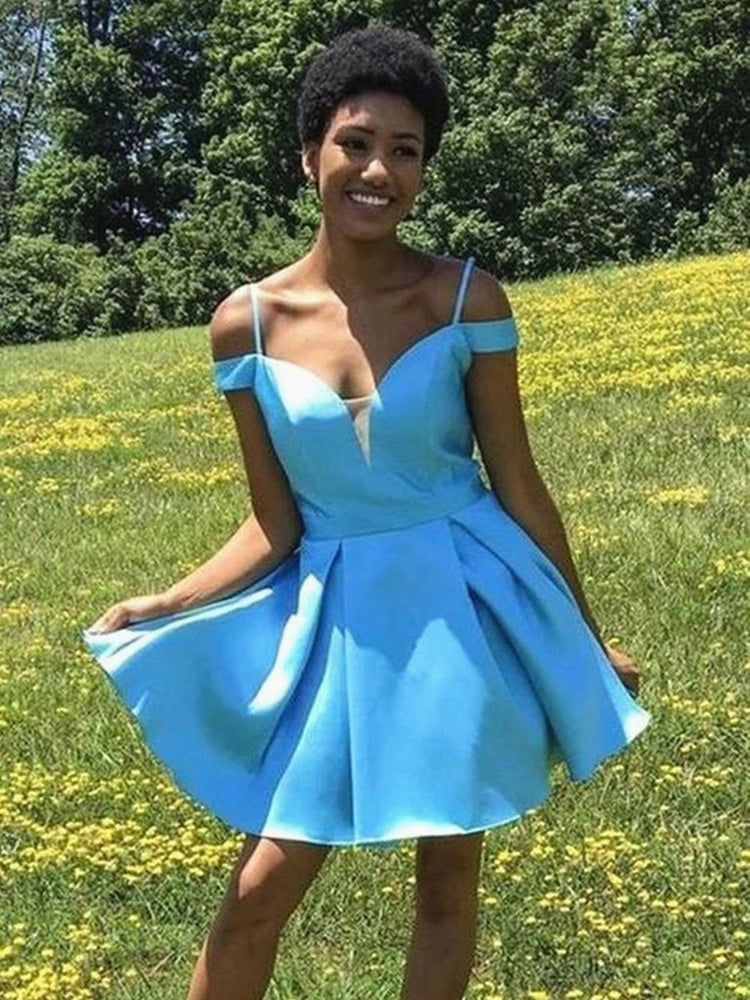 Cute Off the Shoulder Blue Short Prom Dresses Homecoming Dresses, Off Shoulder Blue Formal Graduation Evening Dresses