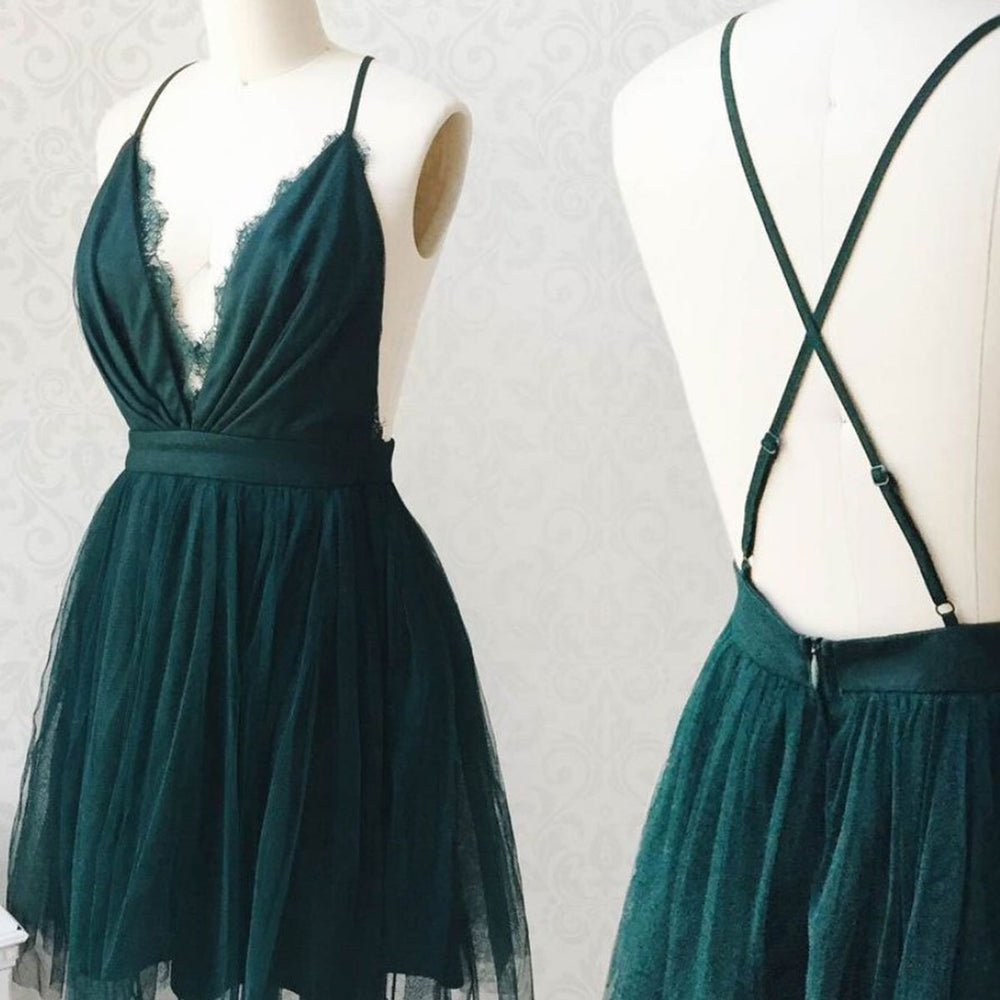 Cute V Neck Backless Green Short Prom Dresses, Backless Green Homecoming Dresses, Green Formal Graduation Evening Dresses 