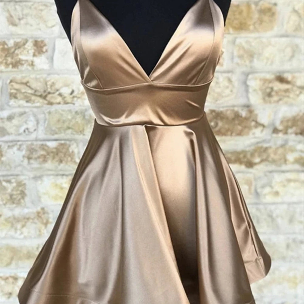 Cute V Neck Champagne Short Prom Dresses, V Neck Champagne Homecoming Dresses, Champagne Formal Evening Dresses