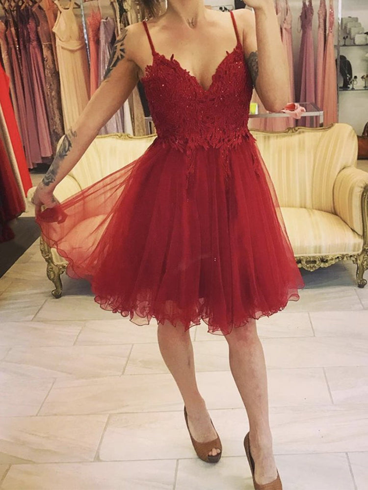 
                      
                        Cute V Neck Dart Red Lace Short Prom Dresses, Dark Red Lace Formal Graduation Homecoming Dresses
                      
                    