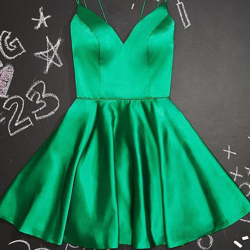 Cute V Neck Green Satin Short Homecoming Prom Dresses, V Neck Green Formal Graduation Evening Dresses