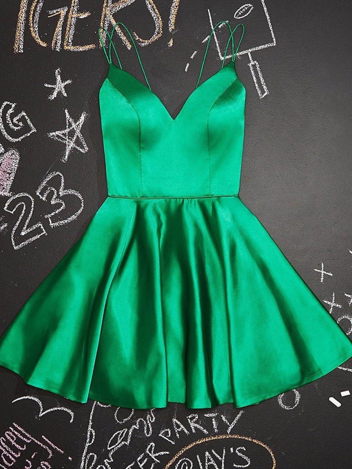 Cute V Neck Green Satin Short Homecoming Prom Dresses, V Neck Green Formal Graduation Evening Dresses